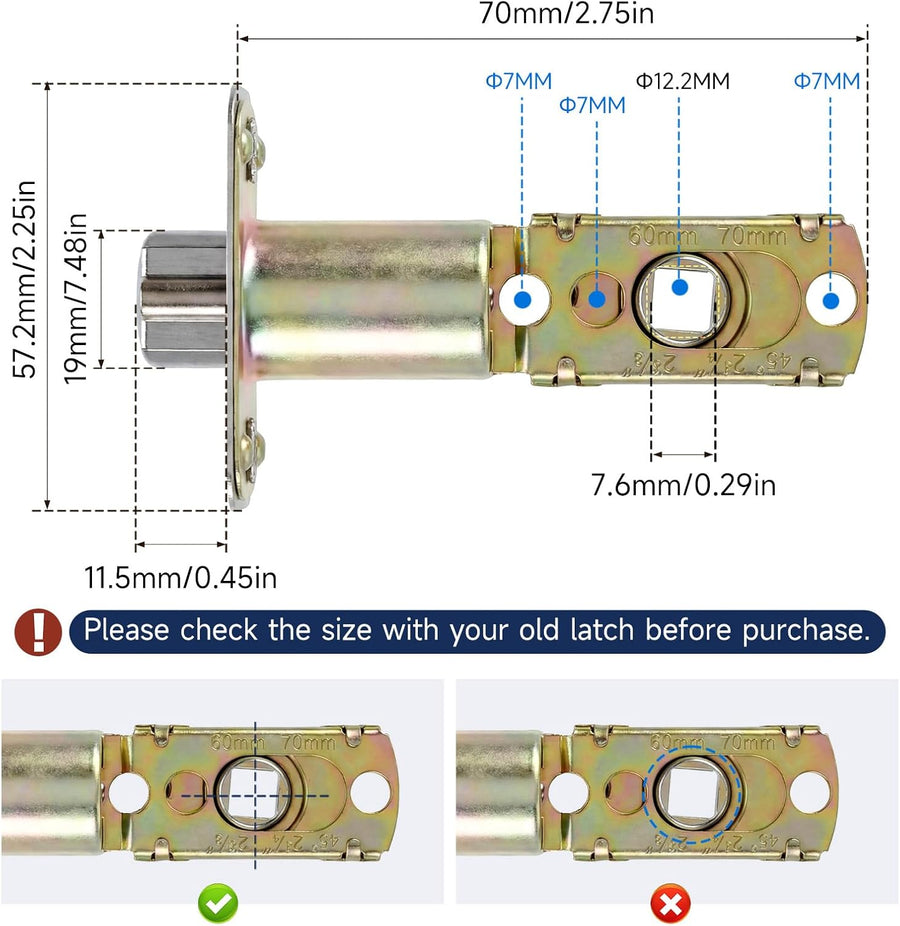 Adjustable Deadlatch 2-3/8''(60mm) or 2-3/4''(70mm), Adjustable Door Latch Entry Door Lock 45° Turning Angle Replacement Part Latch and Strike with Dust Box, Universal Smart Doors Lock Deadlatch