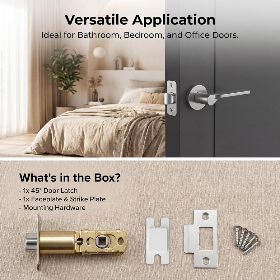 Adjustable Deadlatch 2-3/8''(60mm) or 2-3/4''(70mm), Adjustable Door Latch Entry Door Lock 45° Turning Angle Replacement Part Latch and Strike with Dust Box, Universal Smart Doors Lock Deadlatch
