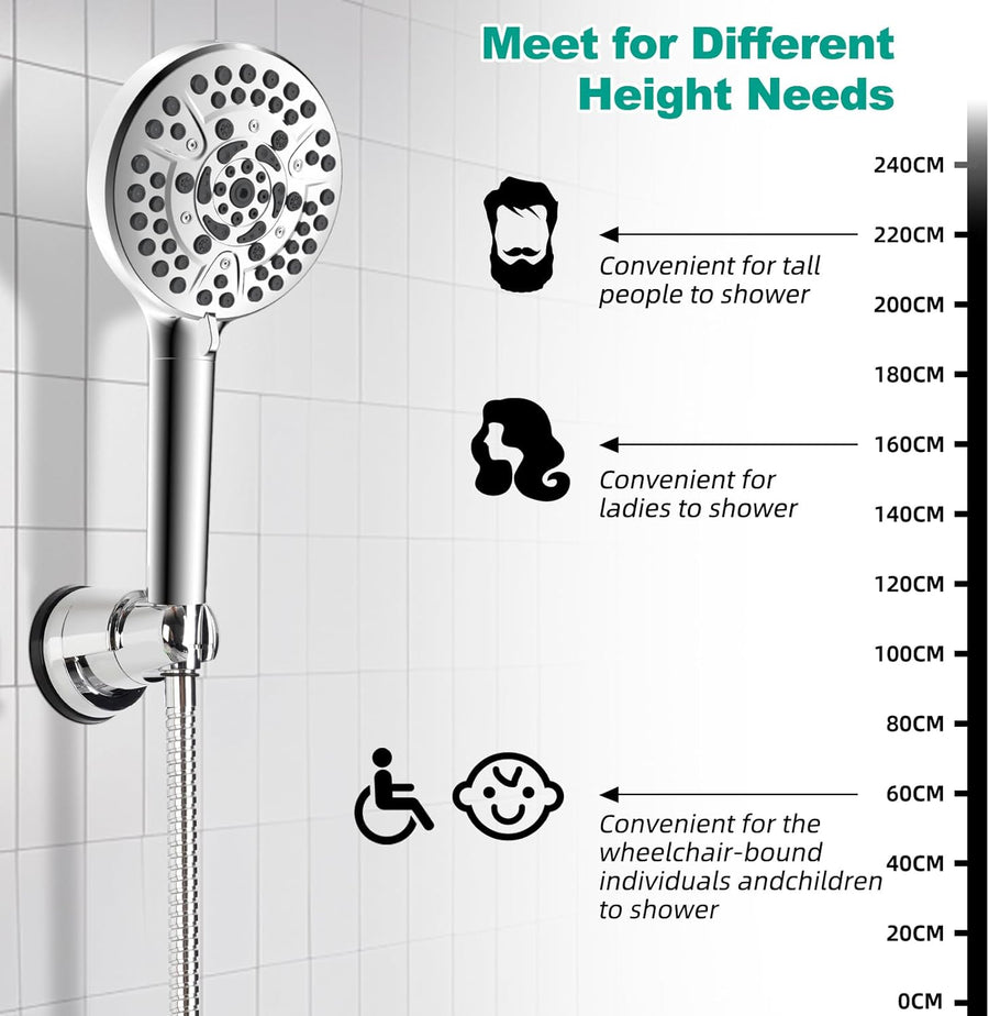 Vacuum Suction Cup Shower Head Holder, Removable Shower Wand Bracket, Adjustable Height & Wall Mount ABS Plastic Suction Holder for Handheld Shower Head, Chrome Finish