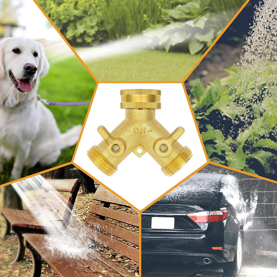 Hose Splitter 2 Way, Garden Hose Splitter, 100% Rustproof Brass Water Hose Splitter with Adjustable Flow Valves, Seamless Design & 2 Extra Rubber Washers - 3/4" Y Connector Hose Adapter.