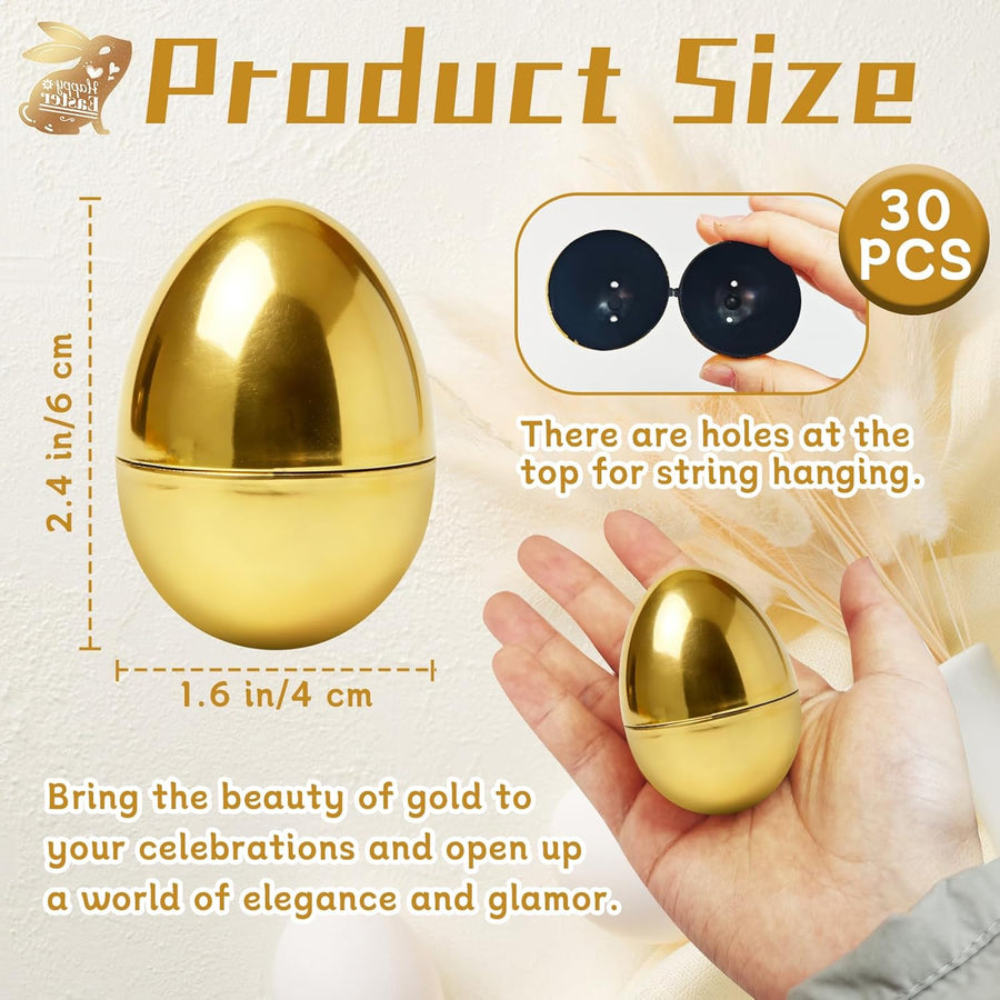 30 Pcs Gold Easter Eggs,2.3" Bulk Plastic Metallic Empty Easter Eggs,Fillable Shiny Golden Easter Egg for Easter Hunt Supplies,Basket Stuffers,Party Favor