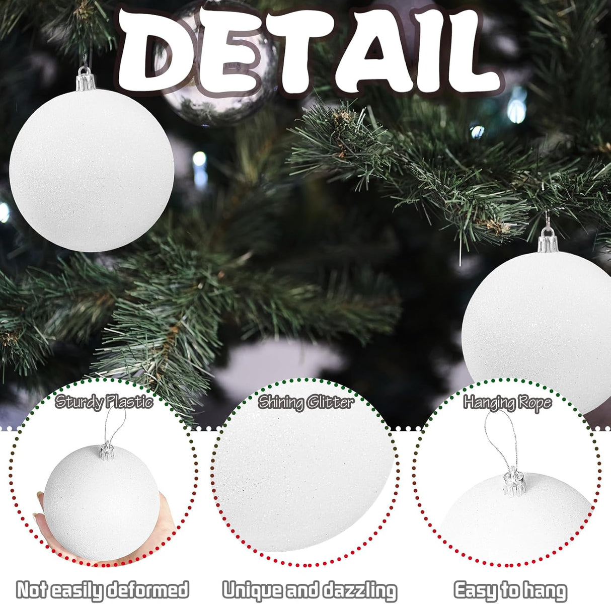 Large 4 in White Glitter Christmas Ornament Balls(4 Pcs),Xmas Sequin Christmas Ball,White Sparkly Hanging Ball Ornament for Tree Home Wedding Party Decor,Winter Theme Tree Decoration