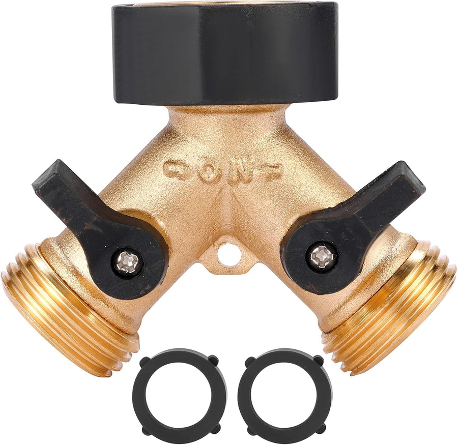 Garden Hose Splitter 2 Way Heavy Duty, Y Connector Brass Garden Hose Adapter, Hose Bib Splitter with 2 Extra Rubber Washers