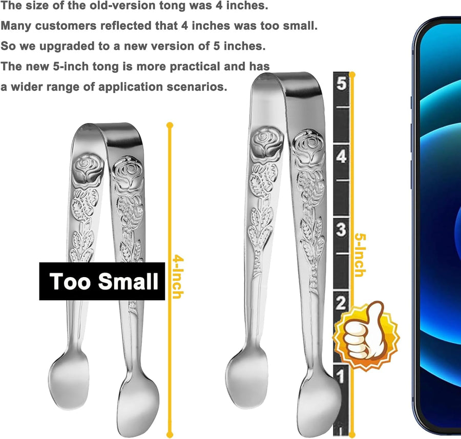 6PCS Mini Serving Tongs 5-Inch Small Sugar Tongs, Tiny Stainless Steel Kitchen Tong for Appetizers, Tea Party, Coffee Bar, Desserts (Silver)