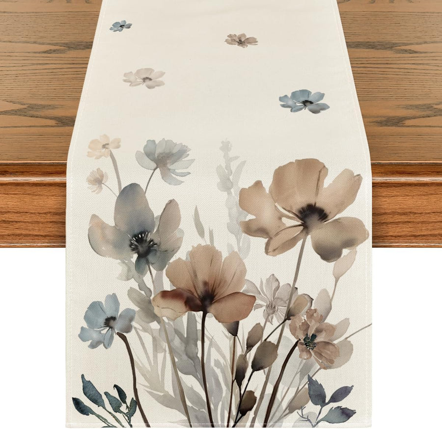 Brown Poppy Floral Leaves Spring Table Runner, Seasonal Summer Kitchen Dining Table Decoration for Home Party Decor 13x72 Inch