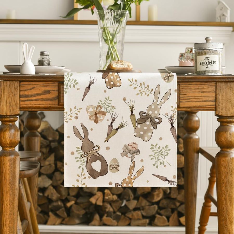 Bunny Rabbit Eucalyptus Eggs Carrots Easter Table Runner, Seasonal Spring Kitchen Dining Table Decoration for Home Party Decor 13x72 Inch