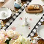 Buffalo Plaid Bunny Ear Foot Flower Easter Table Runner, Seasonal Spring Kitchen Dining Table Decoration for Home Party Decor 13x72 Inch