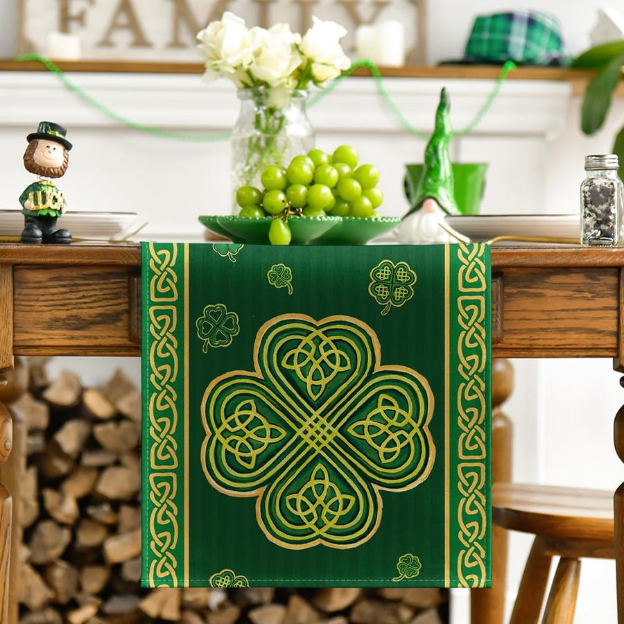 Green Stripes Shamrocks 210 GSM St.Patrick's Day Table Runner, Seasonal Spring Kitchen Dining Table Runner for Home Party Decor 13x72 Inch
