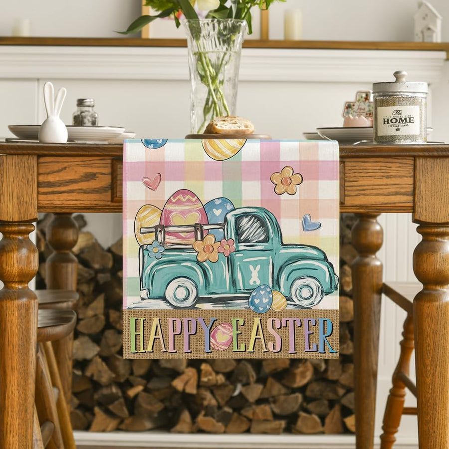 Pink Yellow Buffalo Plaid Carrot Egg Truck Daisy Happy Easter Table Runner, Seasonal Kitchen Dining Table Decoration for Indoor Home Party 13x72 Inch