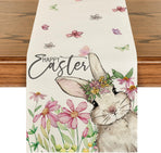 Daisy Bunny Rabbit Easter Table Runner, Seasonal Spring Kitchen Dining Table Decoration for Home Party Decor 13x72 Inch
