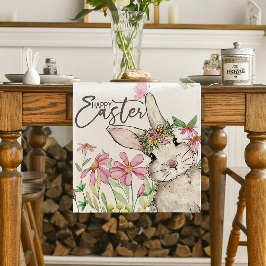 Daisy Bunny Rabbit Easter Table Runner, Seasonal Spring Kitchen Dining Table Decoration for Home Party Decor 13x72 Inch