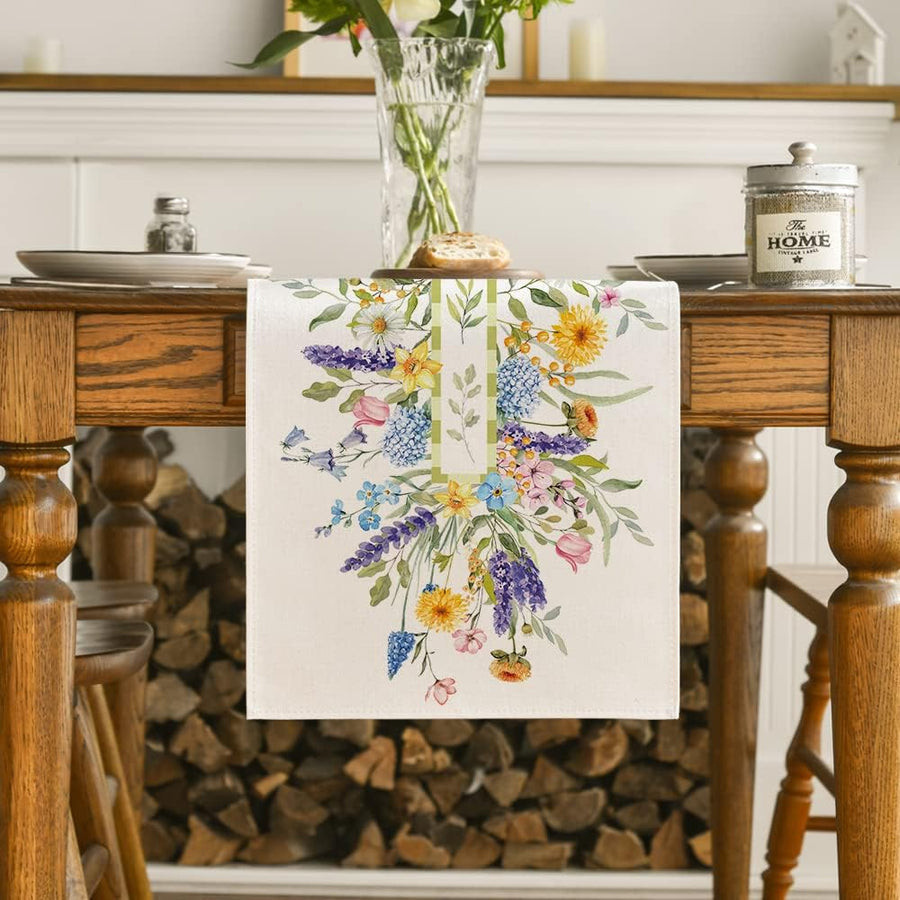 Bloom Flowers Florals Lavender Summer Table Runner, Seasonal Spring Holiday Kitchen Dining Table Decoration for Home Party Indoor 13x72 Inch