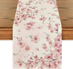 Floral Cherry Blossoms Branches Summer Table Runner, Seasonal Spring Kitchen Dining Table Decoration for Home Party Decor 13x72 Inch
