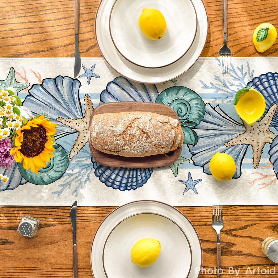 Sea Shell Starfish Summer Table Runner,Spring Ocean Kitchen Dining Table Decoration for Home Party Decor 13x72 Inch