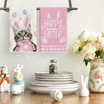 Pink Rabbit Ears Cat Eggs Happy Easter Kitchen Towels Dish Towels, 18x26 Inch Spring Summer Holiday Decoration Hand Towels Set of 2