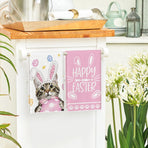 Pink Rabbit Ears Cat Eggs Happy Easter Kitchen Towels Dish Towels, 18x26 Inch Spring Summer Holiday Decoration Hand Towels Set of 2