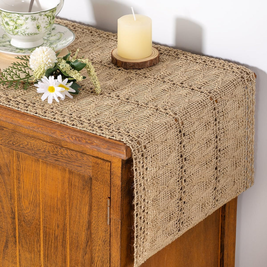 Boho Table Runner Valentine's Day Farmhouse Burlap Jute Bamboo Rustic Dining Kitchen Centerpiece Decor Small Macrame Woven Coffee Table Runner for Dresser Scarf Home Decor 12x36 inch