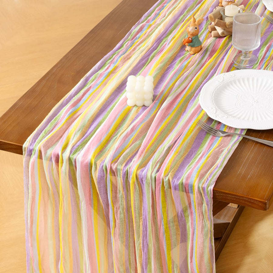 Easter Spring Table Runner Pastel Stripe Floral Cheesecloth Gauze 120 Inch Rustic Boho Cheese Cloth Runner for Wedding Party Baby Bridal Shower Decoration Holiday Home Decorations