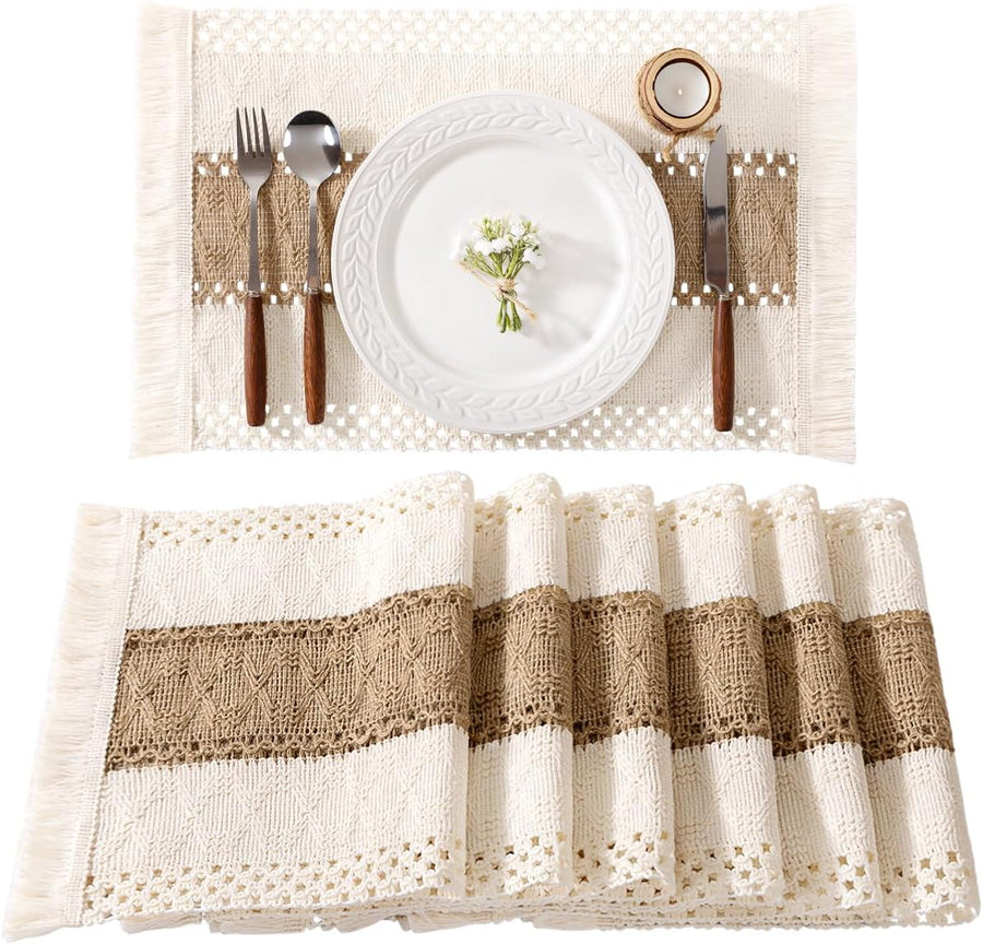 Boho Placemats Set of 6 Washable Cotton Burlap Farmhouse Table Mats Macrame Woven Dinner Table Decor Centerpiece for Party Home Decor