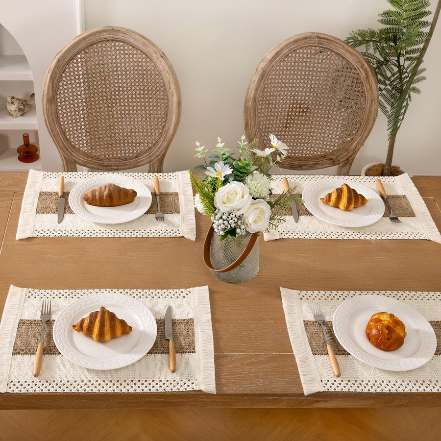 Boho Placemats Set of 6 Washable Cotton Burlap Farmhouse Table Mats Macrame Woven Dinner Table Decor Centerpiece for Party Home Decor