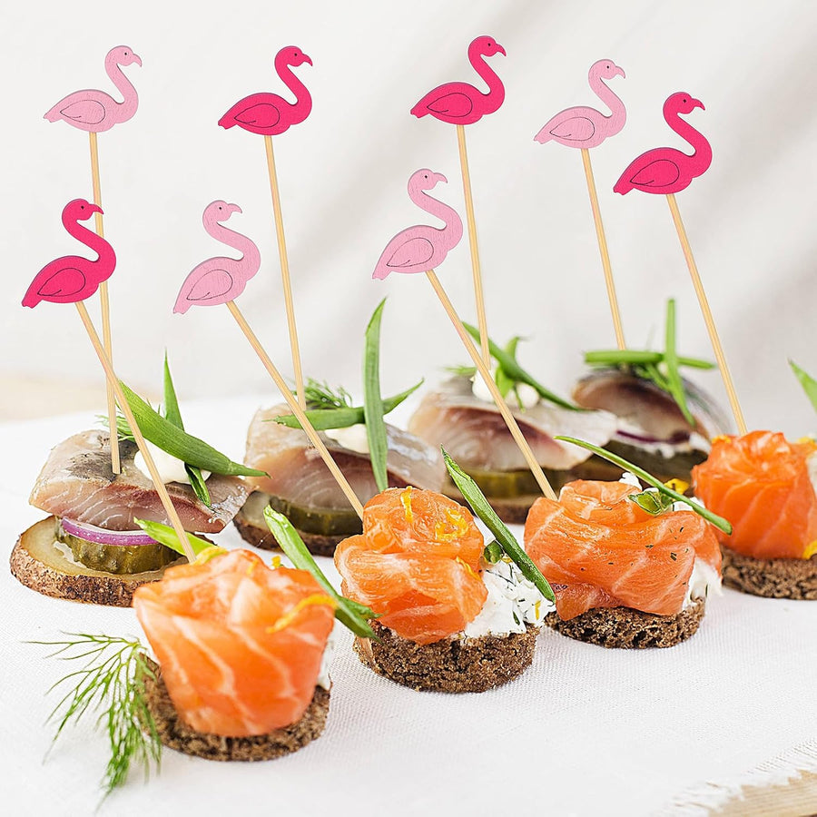 100 Pack Flamingo Toothpicks for Appetizers, 4.7 Inch Natural Bamboo Cocktail Picks for Cake Dessert Food Fruit Party Decorations