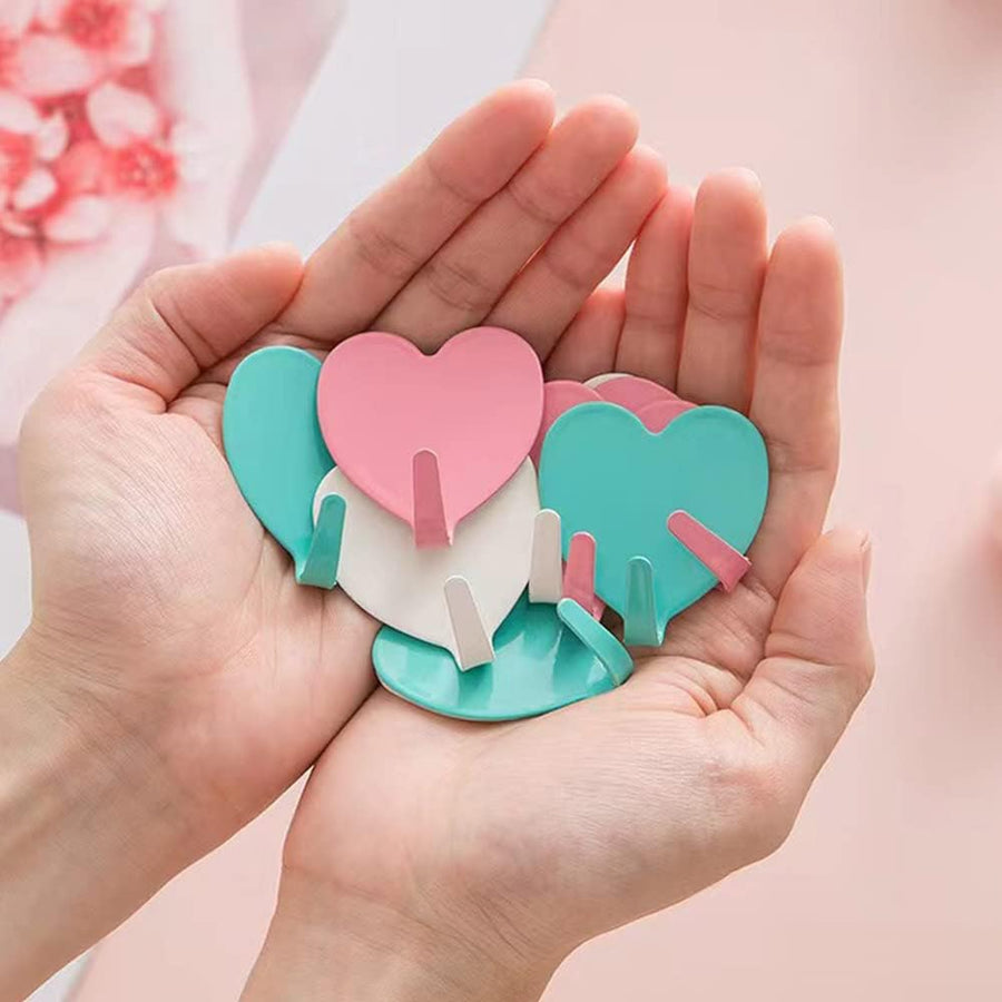 6 Pack Heart Shaped Decorative Wall Hooks, Stainless Steel Strong Adhesive Wall Hook for Home Kitchen Bathroom Office (Light Pink)