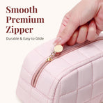 Makeup Bag, Quilted Puffy Travel Toiletry Bag with Compartments, Wide-Open Cosmetic Bag for Women, Pouch Purse Organizer, Pink