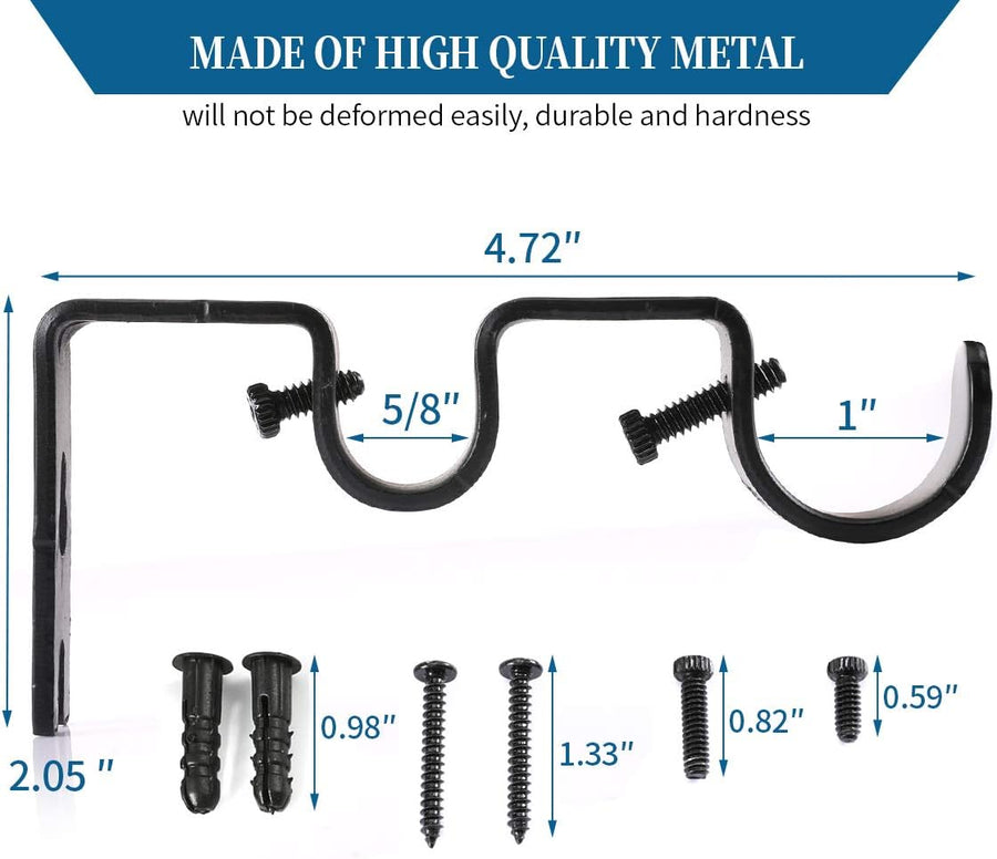 Heavy Duty Double Curtain Rod Brackets, 1" & 5/8" Inch Rod Holders (Set of 2, Black)