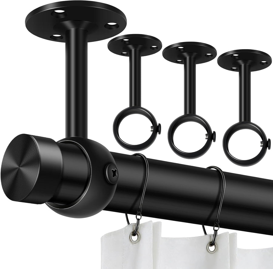Curtain Rod Brackets, Ceiling Heavy Duty Holders, Black 4 Pack Hooks Hangers for 1 1/4-Inch Drape Poles