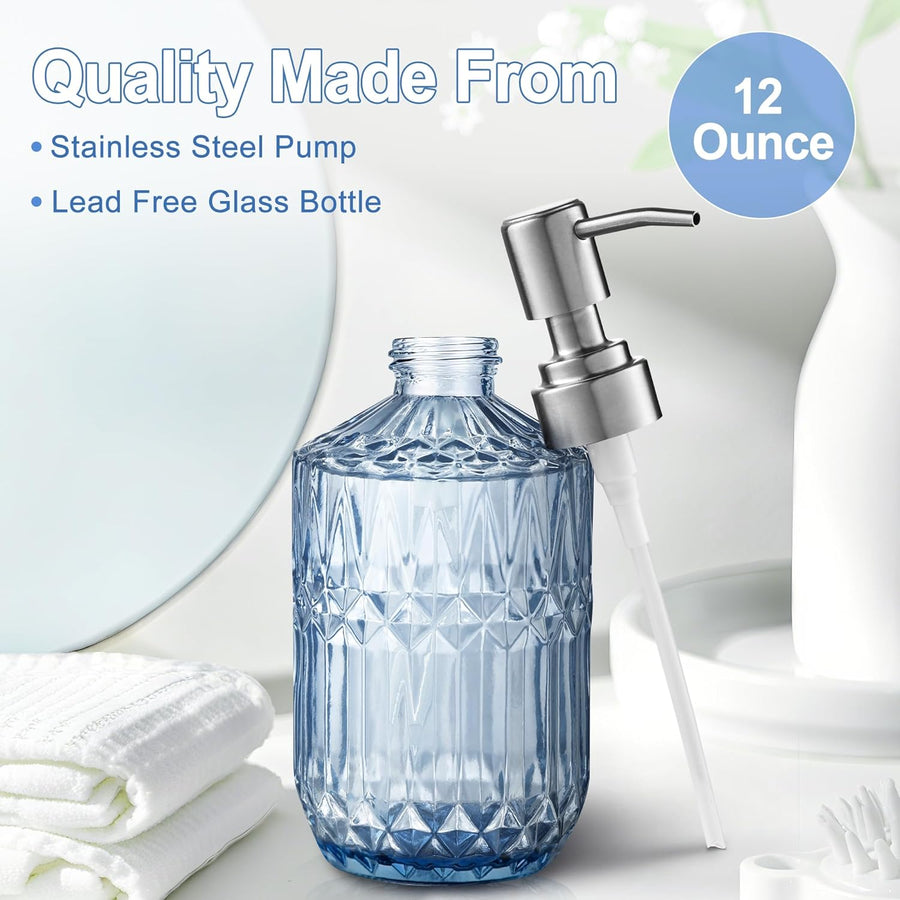 13 Oz Refillable Soap Dispenser, Glass Soap Dispenser for Dispense Hand Soap, Dish Soap, Lotion (Blue)