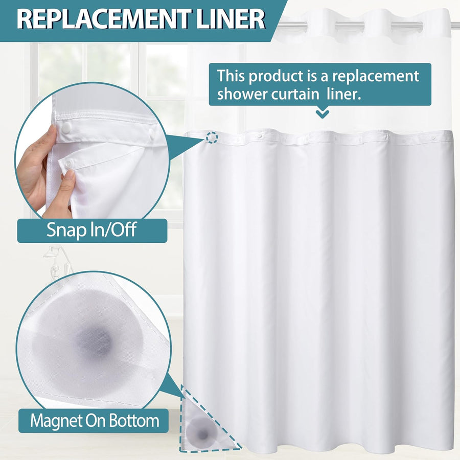 Snap in Shower Curtain Liner Replacement Shower Curtain Liner Removable Liner (1 Pack, 70" W x 54" H-White)