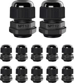 12 Pcs 1/2" NPT Cable Glands Nylon PA66, IP68 Waterproof Adjustable Power Strain Relief Cord Grips, Junction Box Wire Gland Grip Connectors with Gaskets and Locknut, Black