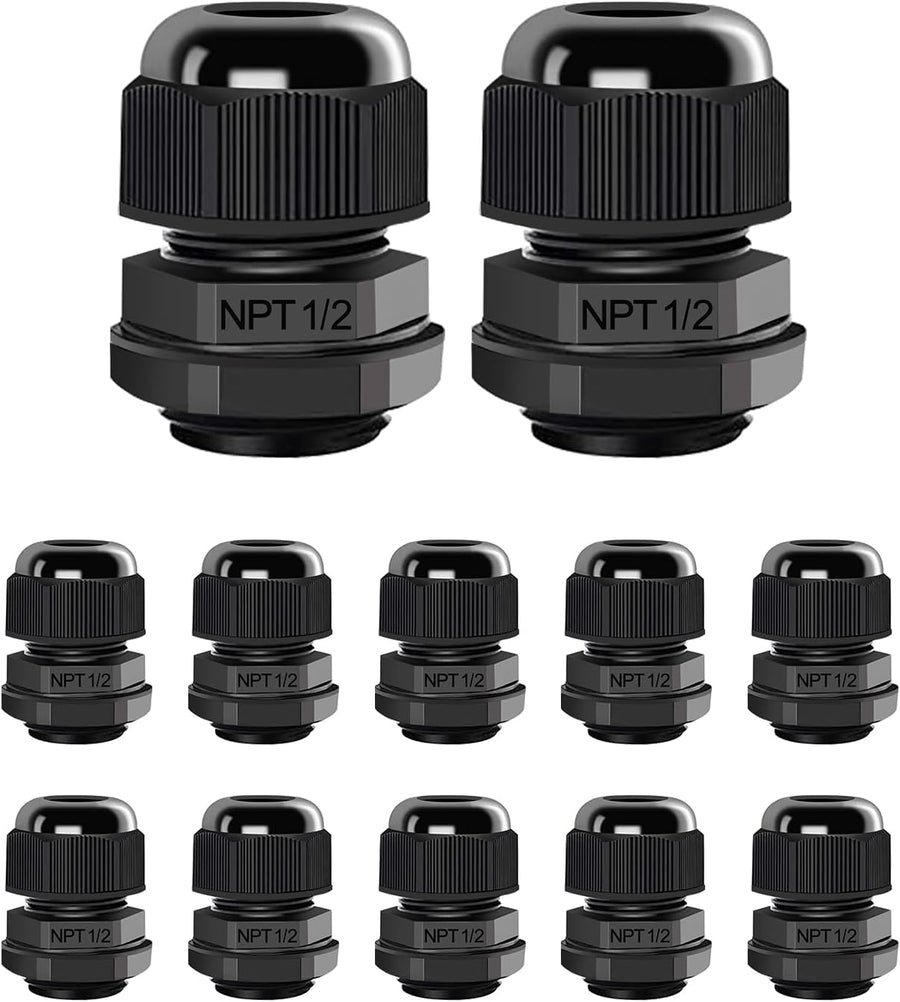 12 Pcs 1/2" NPT Cable Glands Nylon PA66, IP68 Waterproof Adjustable Power Strain Relief Cord Grips, Junction Box Wire Gland Grip Connectors with Gaskets and Locknut, Black