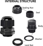 12 Pcs 1/2" NPT Cable Glands Nylon PA66, IP68 Waterproof Adjustable Power Strain Relief Cord Grips, Junction Box Wire Gland Grip Connectors with Gaskets and Locknut, Black