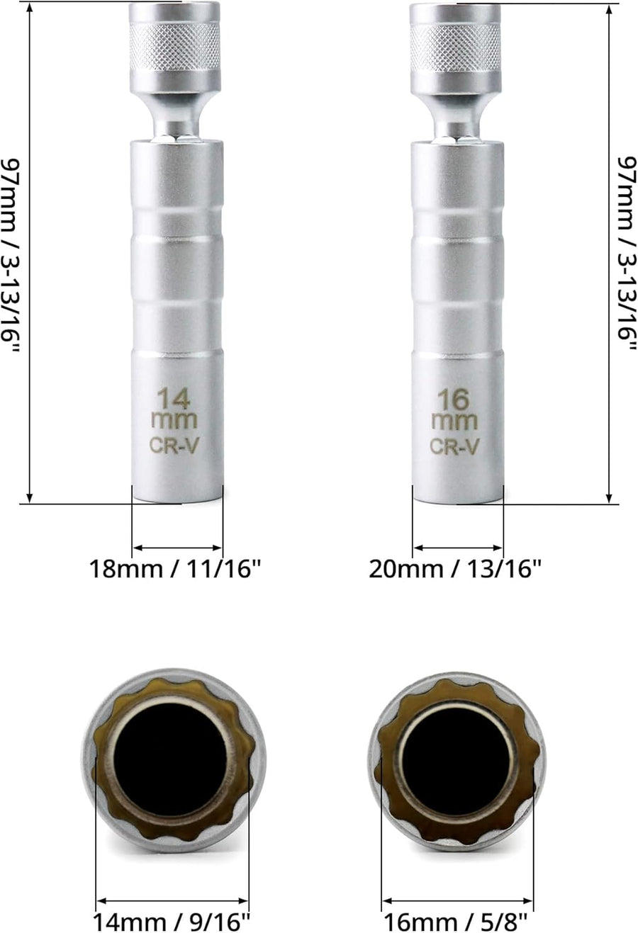 14mm&16mm Magnetic Swivel Spark Plug Socket, Thin Wall Magnetic Rotating 3/8" Drive 12 Point Standard Spark Plug Socket Removal Tool 360-degree Rotation for Maximum Flexibility