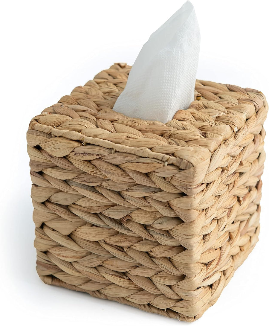 Tissue Box Holder - Square- Rattan Wicker Tissues Cube Box Cover -Boho Decorative Woven Facial Tissue Holder on Table and Barthroom (Square)