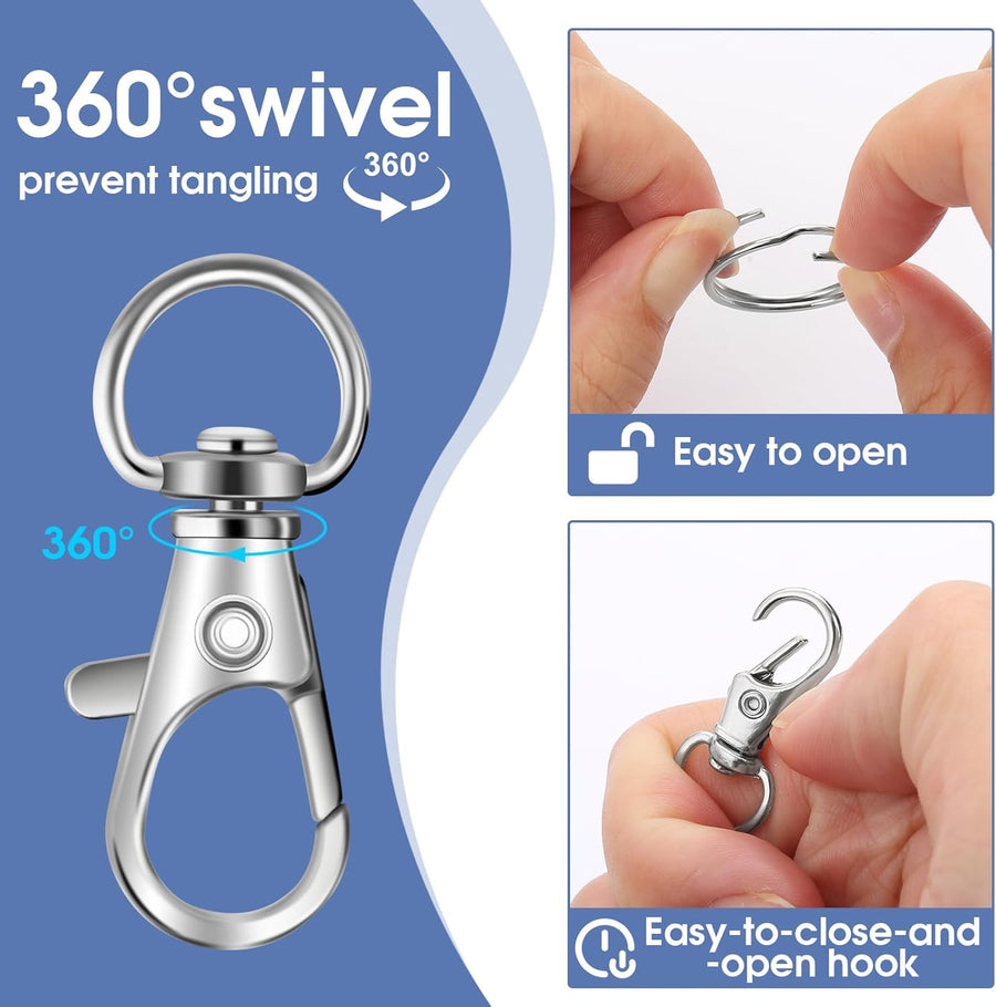 50 PCS in 25 Sets, Metal Swivel Lobster Claw Clasps, Keychain Clip with Large Key Ring, Premium Keychains Clips, Snap Hooks and Sturdy Key Rings, for Key Chain Making Kit， (Silver)