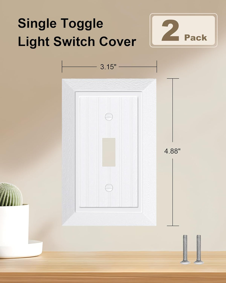 2-Pack Classic Beadboard Single Toggle Light Switch Cover Plate, Unbreakable Polycarbonate Decorative Switch Plate Covers, Pure White 1 Gang Wall Plate