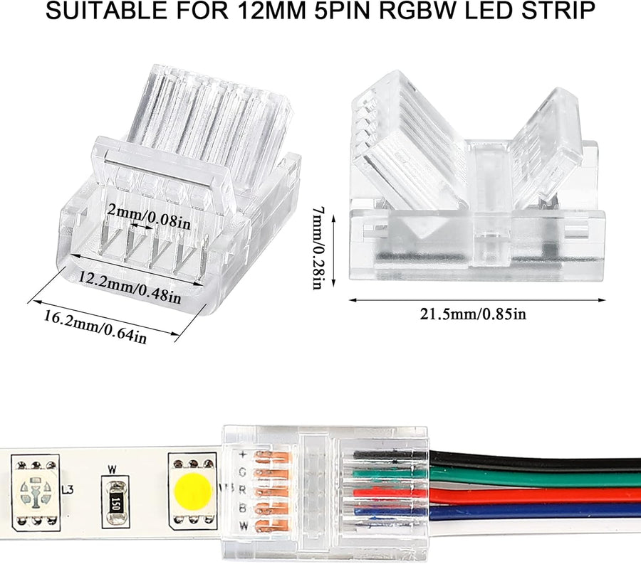 20 Pcs 5 Pin 12 mm LED Strip Connector RGB Lights Waterproof Adapter 22 Awg Wires Connector for Strip Light Unwired Gapless Track 5v 12v 24v