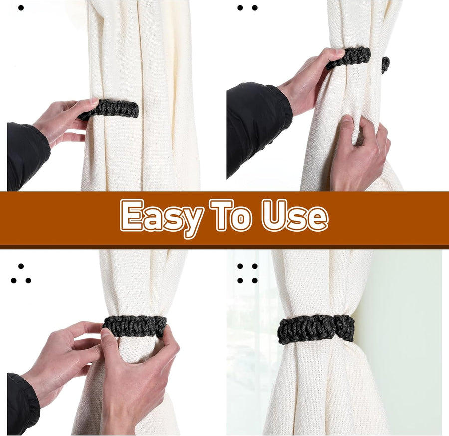 4 Pack Braided Curtain Tiebacks Boho Elegant Rustic Curtain Holdbacks Tie Backs Holders Set Simple Light Weight Drapes Decorative Accessories Handmade for Home Office Bedroom Window (4, Black)