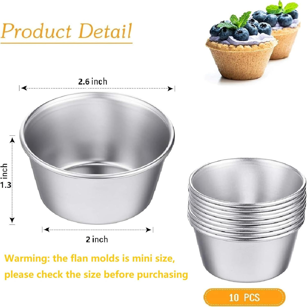 10 Pieces Individual Flan Molds Egg Tart Molds Pudding Cups Mini Chocolate Molten Pans Carbon Steel Cupcake Cake Cookie, Round Nonstick Popover Bakeware Tumblers(2.6 x 2 x 1.3 Inch)