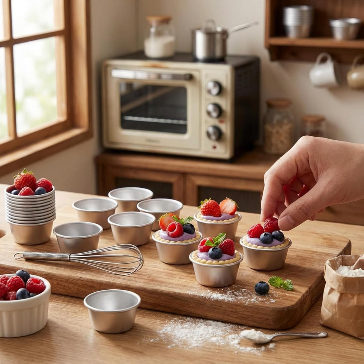 10 Pieces Individual Flan Molds Egg Tart Molds Pudding Cups Mini Chocolate Molten Pans Carbon Steel Cupcake Cake Cookie, Round Nonstick Popover Bakeware Tumblers(2.6 x 2 x 1.3 Inch)