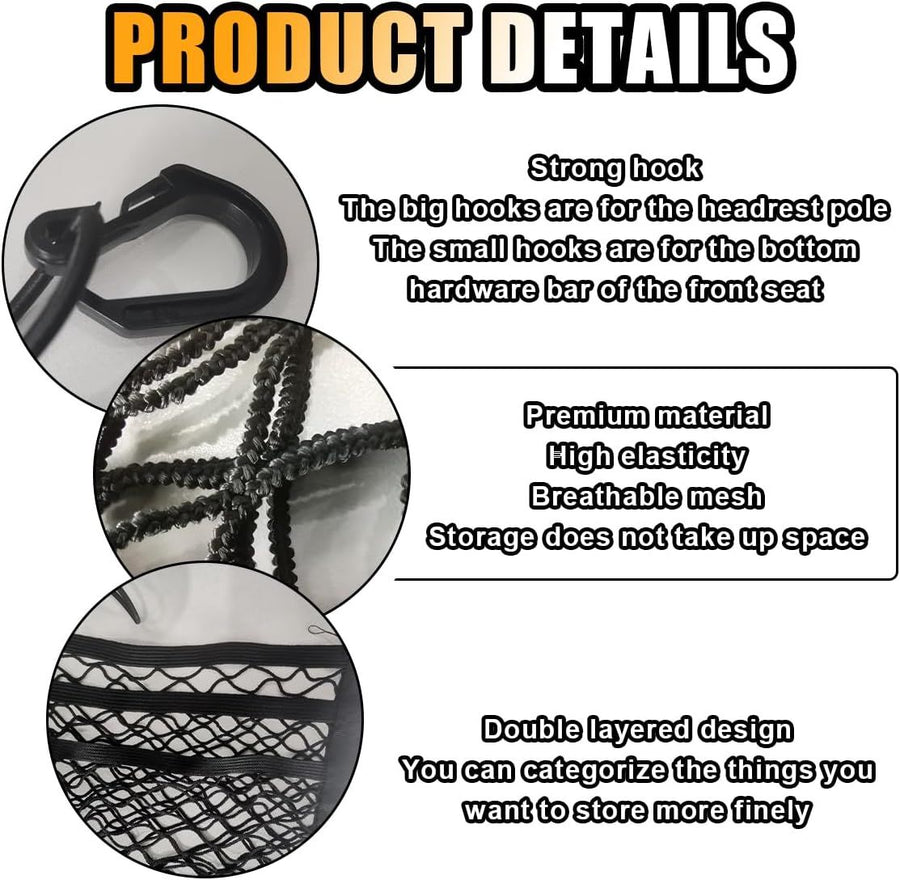 Universal Car 3-Layer Mesh Organizer Bag, Auto Seat Back Pocket Stretch Net Storage, SUV