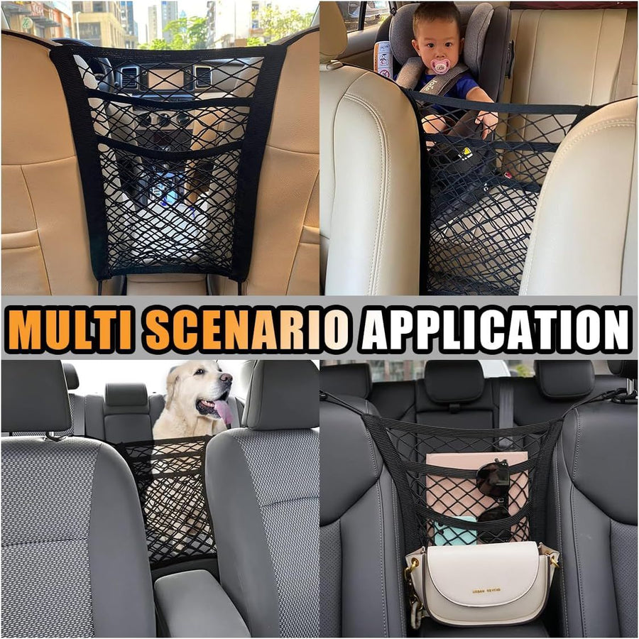 Universal Car 3-Layer Mesh Organizer Bag, Auto Seat Back Pocket Stretch Net Storage, SUV