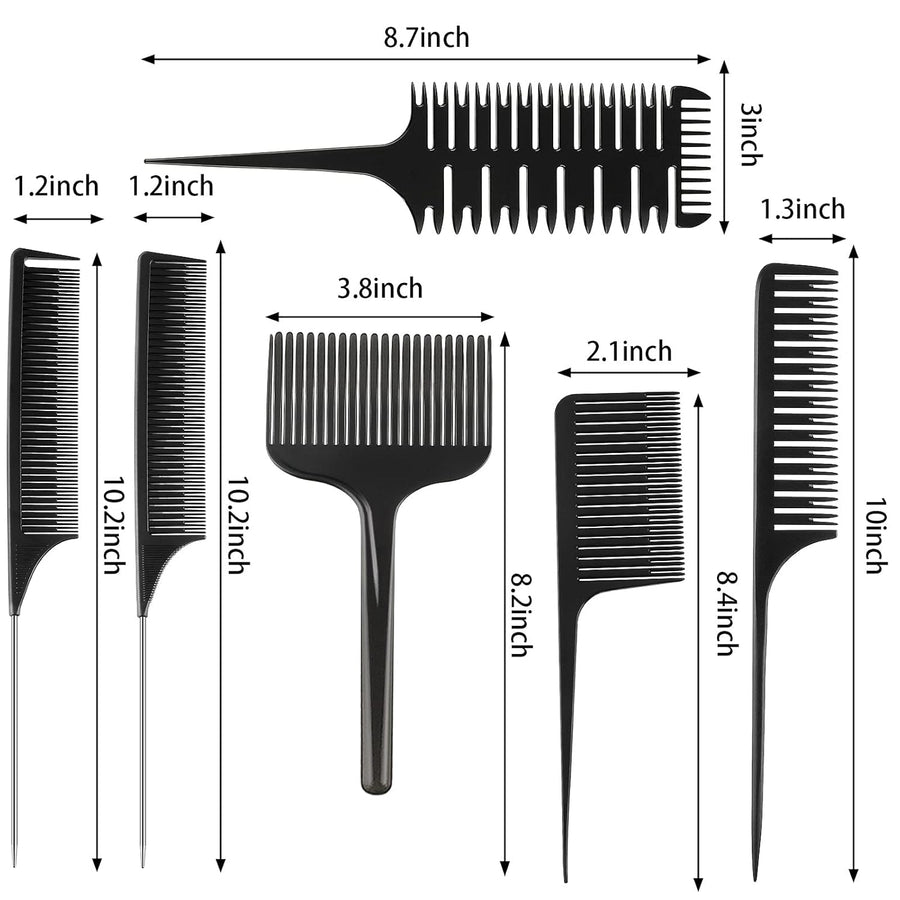 6 Pcs Highlighting Hair Combs Set, 3-way Hair Sectioning, Dyeing, Rat Tail Lifting Comb for Weaving Foiling Sectioning Coloring, Black