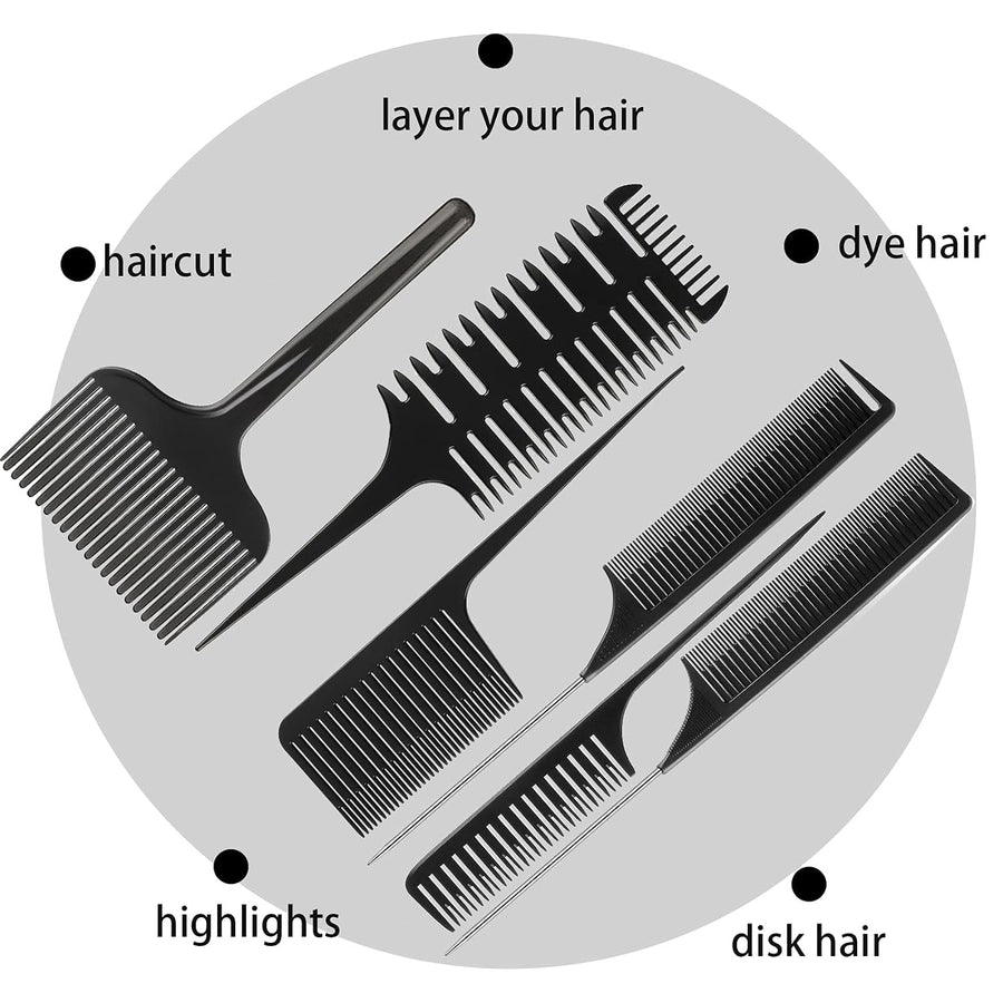 6 Pcs Highlighting Hair Combs Set, 3-way Hair Sectioning, Dyeing, Rat Tail Lifting Comb for Weaving Foiling Sectioning Coloring, Black