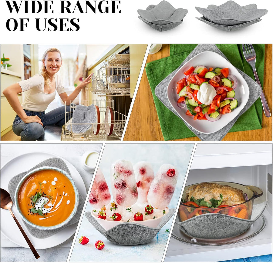 Microwave Bowl Cozy Holders for Hot Food Bowl Pot Plate in 2 Sizes Heat Proof Polyester Potholder Protector Food Soup for Bouillon(Gray,4 Pieces)