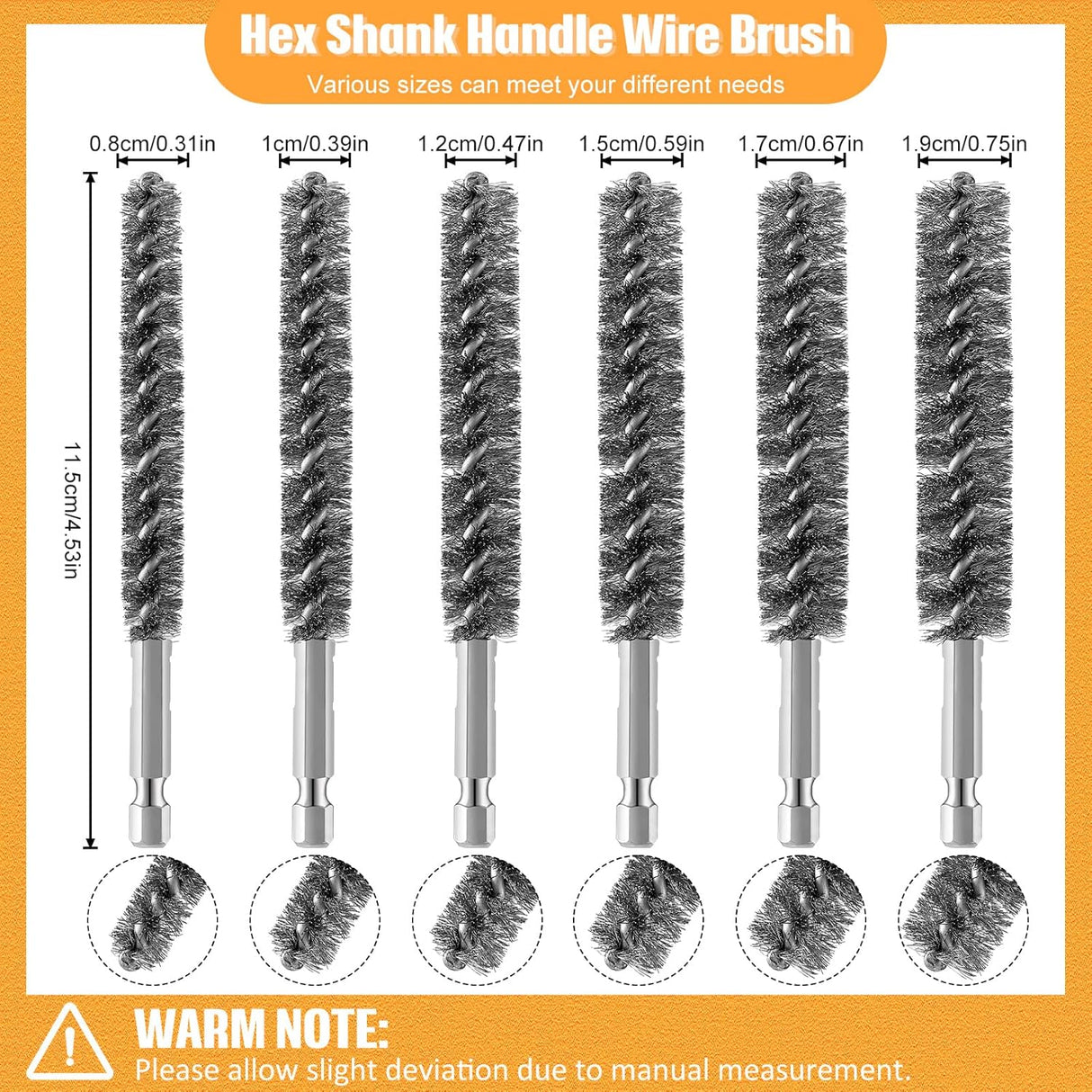 Stainless Steel Bore Brush Stainless Steel Bristles Wire Brush for Power Drill with Hex Shank Handle (0.8 cm, 1 cm, 1.2 cm, 1.5 cm, 1.7 cm, 1.9 cm, 6 Pcs)