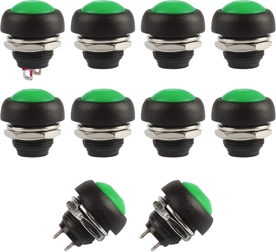 Momentary Push Button Switches, 2 Pin On/Off AC 250V/1A 125V/3A DC 12V/3A 12MM Round SPST Normal Open Pushbutton Momentary Switches (Green, Pack of 10)
