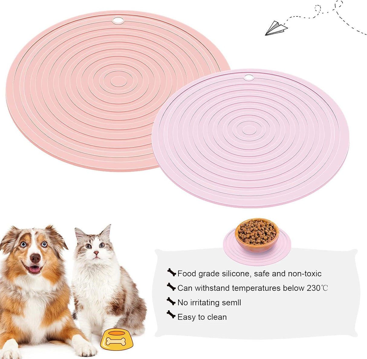 2 Pieces Silicone Pet Food Mat Pet Feeding Mat for Dog and Cat Food Bowl Placemat Preventing Food and Water Overflow Suitable for Medium and Small Pet, 9.5 x 9.5 Inch and 7.1 x 7.1 Inch (Pink)